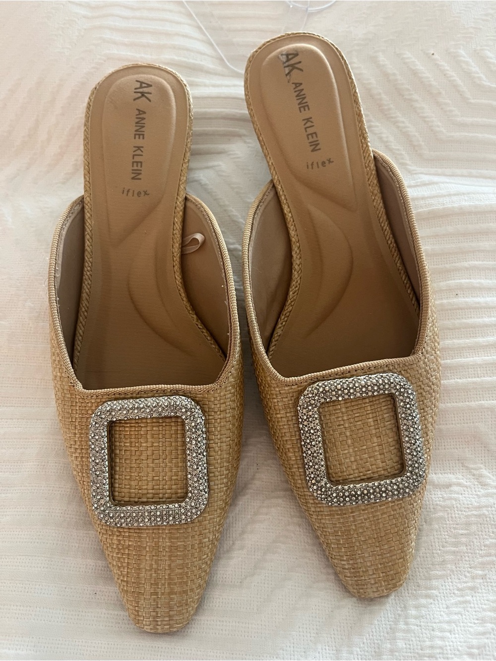 Anne Klein Cassia Natural Raffia Crystal Buckle Mule Heels